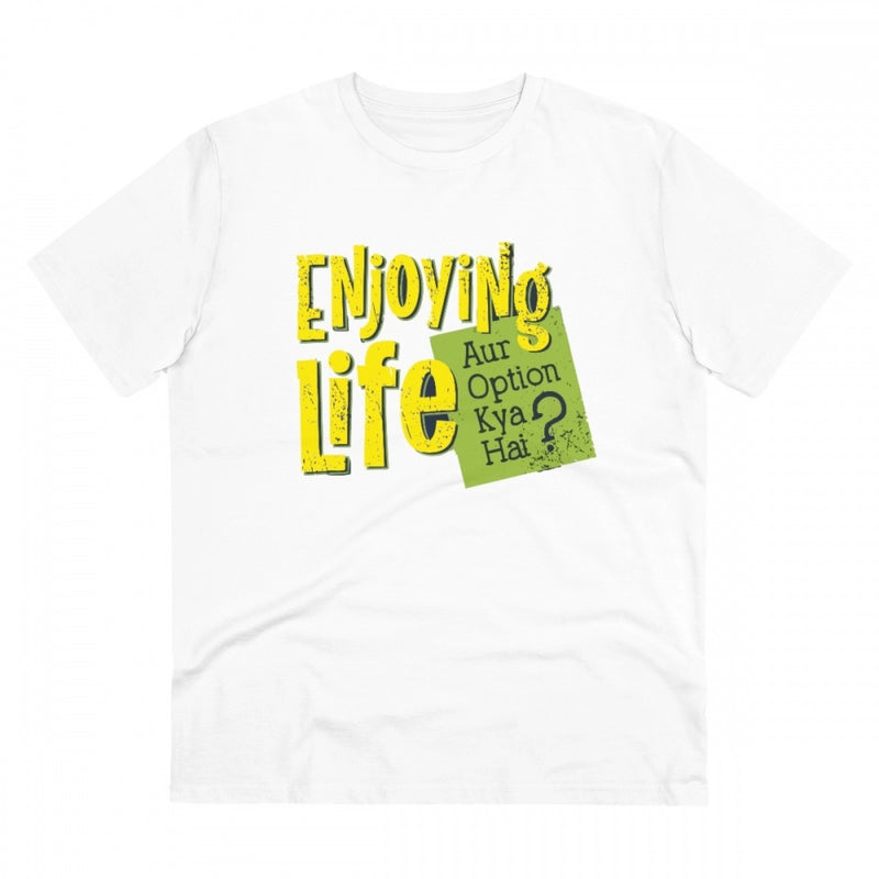 Mayawye Men's PC Cotton Enjoying Life Printed T Shirt (Color: White, Thread Count: 180GSM)