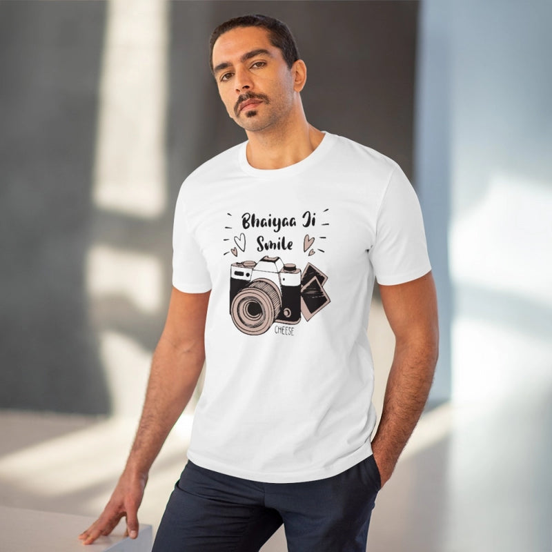 Mayawye Men's PC Cotton Bhaiya Ji Smile Printed T Shirt (Color: White, Thread Count: 180GSM)