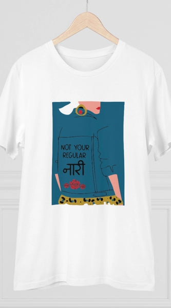Mayawye Men's PC Cotton Not Your Regular Naari Printed T Shirt (Color: White, Thread Count: 180GSM)