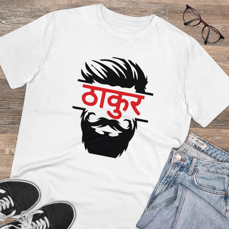 Mayawye Men's PC Cotton Thakur Printed T Shirt (Color: White, Thread Count: 180GSM)
