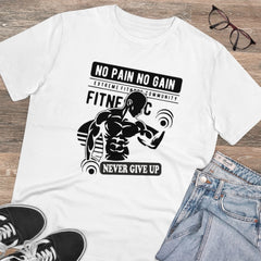 Mayawye Men's PC Cotton Gym No Pain No Gain Never Give Up Printed T Shirt (Color: White, Thread Count: 180GSM)