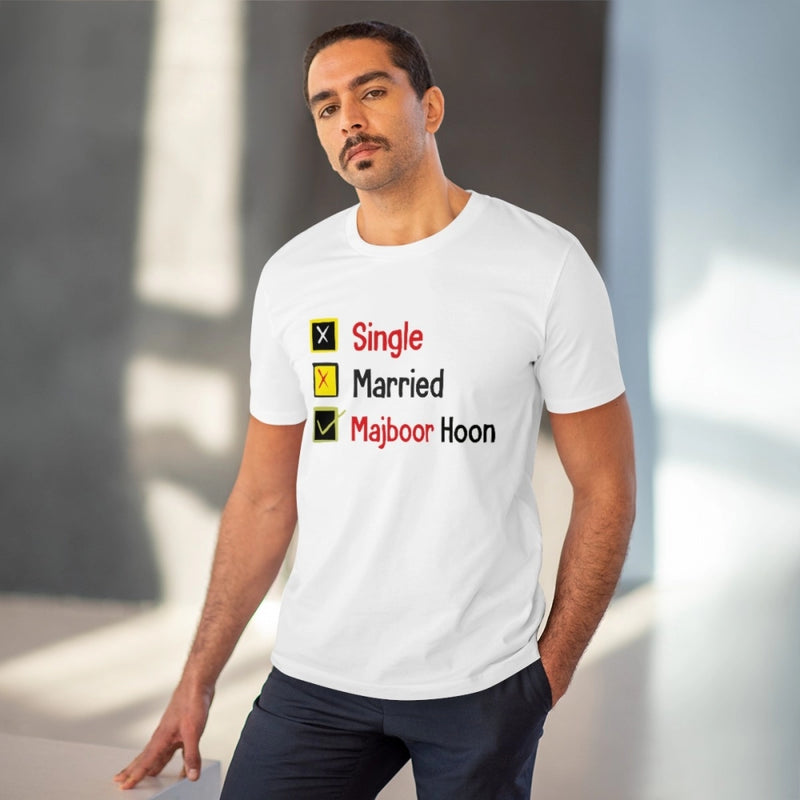 Mayawye Men's PC Cotton Single Married Majbur Printed T Shirt (Color: White, Thread Count: 180GSM)