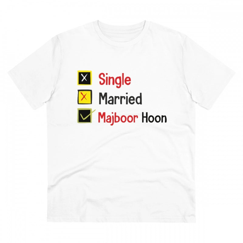 Mayawye Men's PC Cotton Single Married Majbur Printed T Shirt (Color: White, Thread Count: 180GSM)