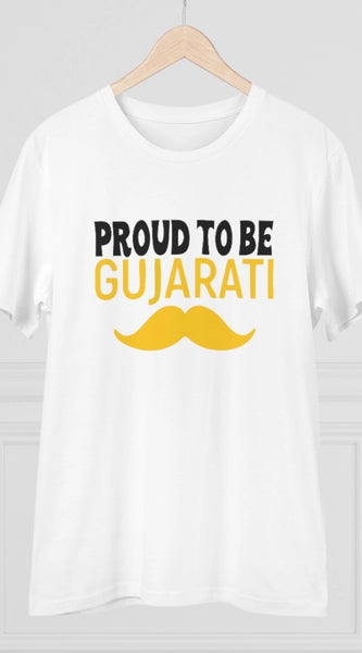Mayawye Men's PC Cotton Proud To Be Gujarati Printed T Shirt (Color: White, Thread Count: 180GSM)