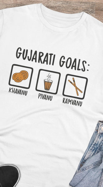 Mayawye Men's PC Cotton Gujarati Goals Printed T Shirt (Color: White, Thread Count: 180GSM)
