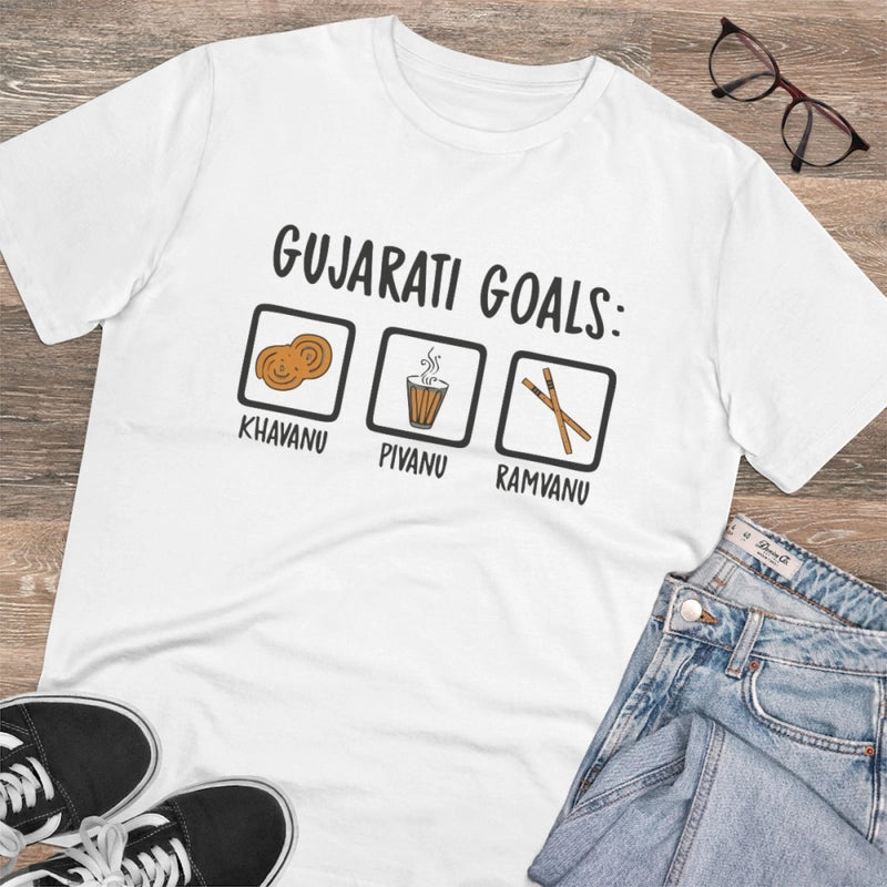 Mayawye Men's PC Cotton Gujarati Goals Printed T Shirt (Color: White, Thread Count: 180GSM)