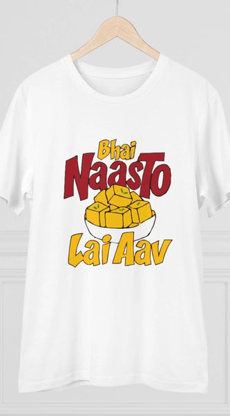 Mayawye Men's PC Cotton Bhai Nasto Lai Aav Printed T Shirt (Color: White, Thread Count: 180GSM)