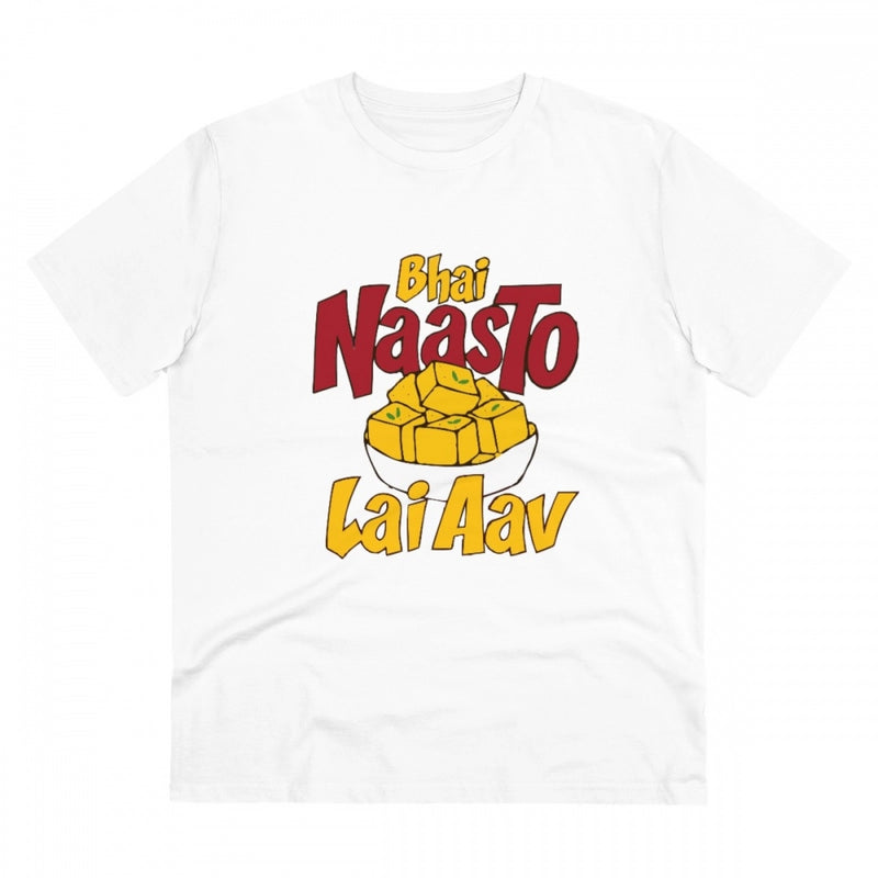 Mayawye Men's PC Cotton Bhai Nasto Lai Aav Printed T Shirt (Color: White, Thread Count: 180GSM)