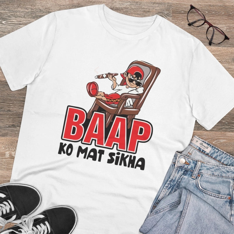 Mayawye Men's PC Cotton Baap Ko Mat Sikha Printed T Shirt (Color: White, Thread Count: 180GSM)