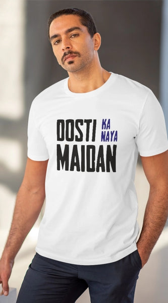 Mayawye Men's PC Cotton Dosti Ka Naya Maidan Printed T Shirt (Color: White, Thread Count: 180GSM)