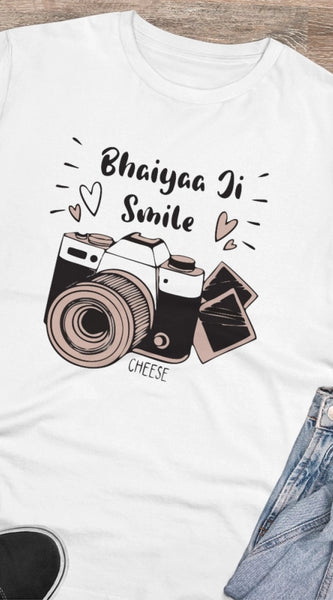 Mayawye Men's PC Cotton Bhaiya Ji Smile Printed T Shirt (Color: White, Thread Count: 180GSM)