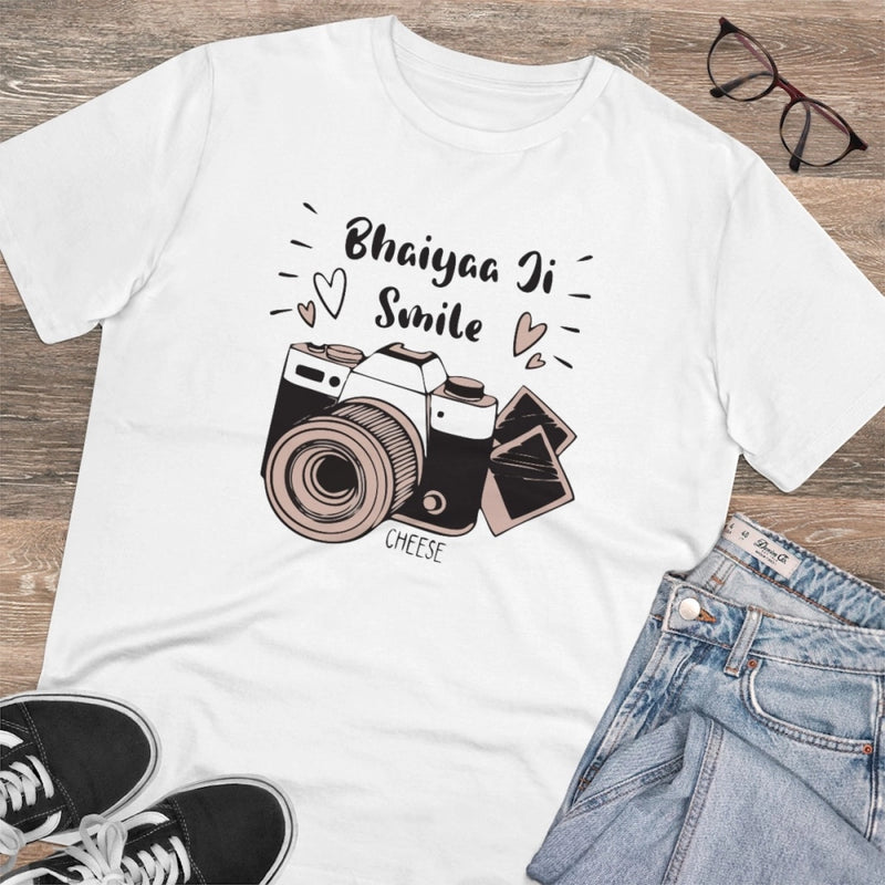 Mayawye Men's PC Cotton Bhaiya Ji Smile Printed T Shirt (Color: White, Thread Count: 180GSM)
