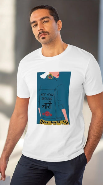 Mayawye Men's PC Cotton Not Your Regular Naari Printed T Shirt (Color: White, Thread Count: 180GSM)