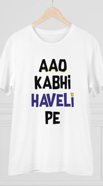 Mayawye Men's PC Cotton Aao Kabhi Haveli Pe Printed T Shirt (Color: White, Thread Count: 180GSM)