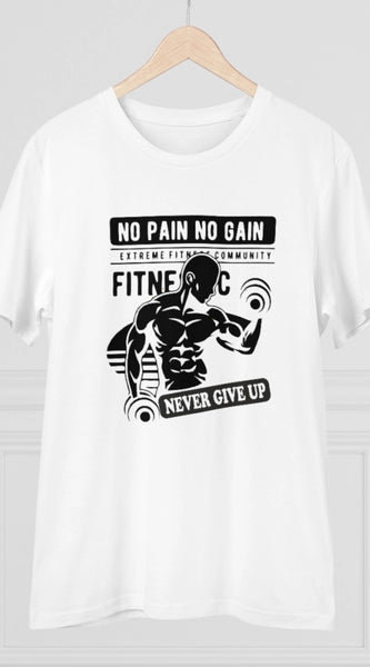 Mayawye Men's PC Cotton Gym No Pain No Gain Never Give Up Printed T Shirt (Color: White, Thread Count: 180GSM)