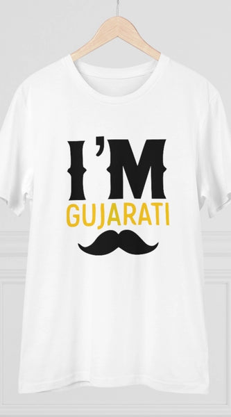 Mayawye Men's PC Cotton I Am Gujarati Printed T Shirt (Color: White, Thread Count: 180GSM)