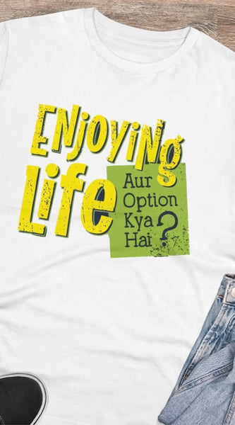 Mayawye Men's PC Cotton Enjoying Life Printed T Shirt (Color: White, Thread Count: 180GSM)