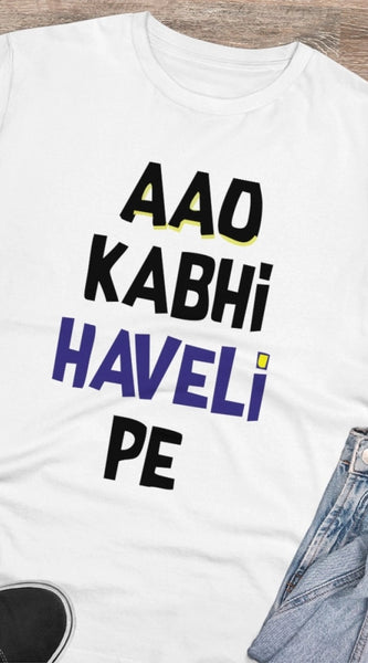 Mayawye Men's PC Cotton Aao Kabhi Haveli Pe Printed T Shirt (Color: White, Thread Count: 180GSM)