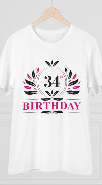 Mayawye Men's PC Cotton 34th Birthday Printed T Shirt (Color: White, Thread Count: 180GSM)