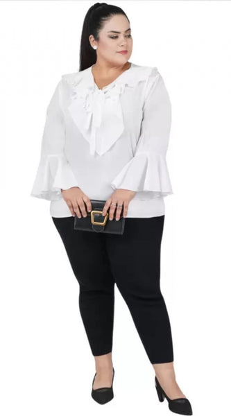 Mayawye Women's Casual Bell Sleeve Solid White Top (Color:White, Material:Georgette)