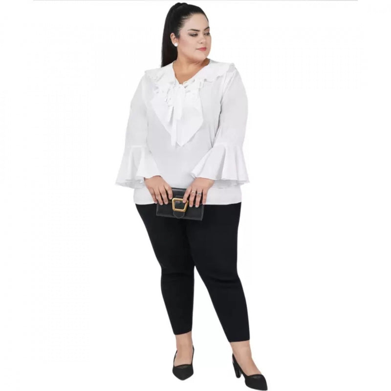 Mayawye Women's Casual Bell Sleeve Solid White Top (Color:White, Material:Georgette)