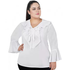 Mayawye Women's Casual Bell Sleeve Solid White Top (Color:White, Material:Georgette)