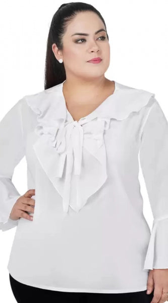 Mayawye Women's Casual Bell Sleeve Solid White Top (Color:White, Material:Georgette)