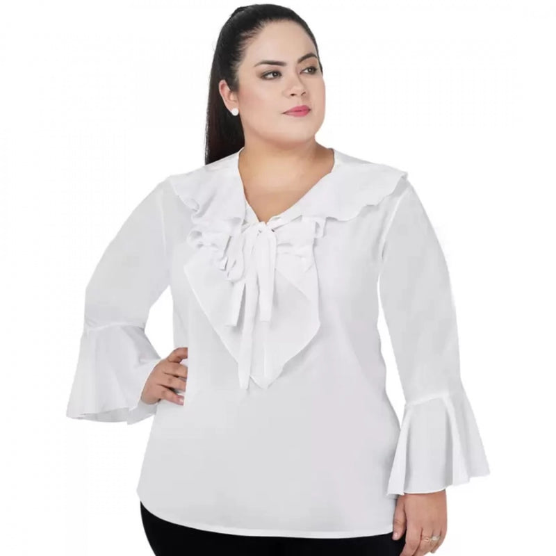 Mayawye Women's Casual Bell Sleeve Solid White Top (Color:White, Material:Georgette)