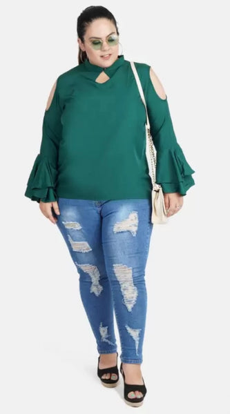 Mayawye Women's Casual Bell Sleeve Solid Green Top (Color:Green, Material:Crepe)
