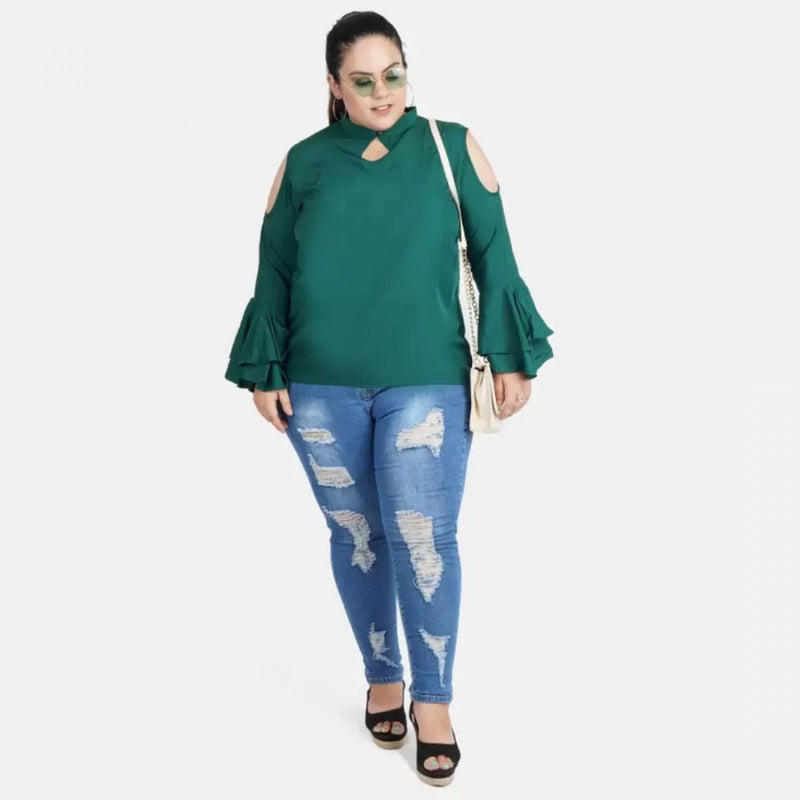 Mayawye Women's Casual Bell Sleeve Solid Green Top (Color:Green, Material:Crepe)