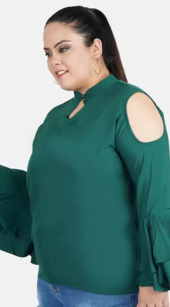Mayawye Women's Casual Bell Sleeve Solid Green Top (Color:Green, Material:Crepe)