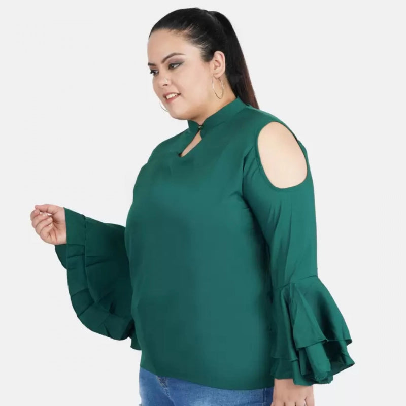 Mayawye Women's Casual Bell Sleeve Solid Green Top (Color:Green, Material:Crepe)