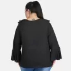 Mayawye Women's Casual Bell Sleeve Solid Black Top (Color:Black, Material:Georgette)