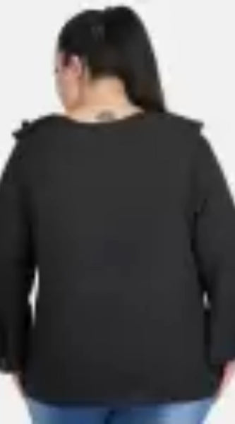 Mayawye Women's Casual Bell Sleeve Solid Black Top (Color:Black, Material:Georgette)