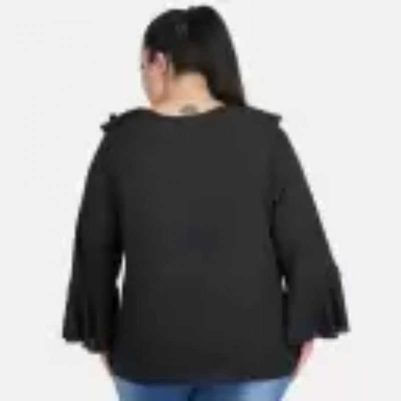 Mayawye Women's Casual Bell Sleeve Solid Black Top (Color:Black, Material:Georgette)