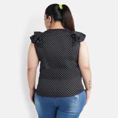 Mayawye Women's Casual Flutter Sleeve Polka Print Black Top (Color:Black, Material:Crepe)