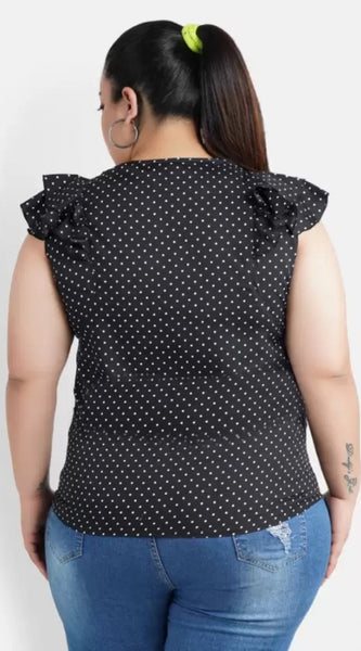 Mayawye Women's Casual Flutter Sleeve Polka Print Black Top (Color:Black, Material:Crepe)