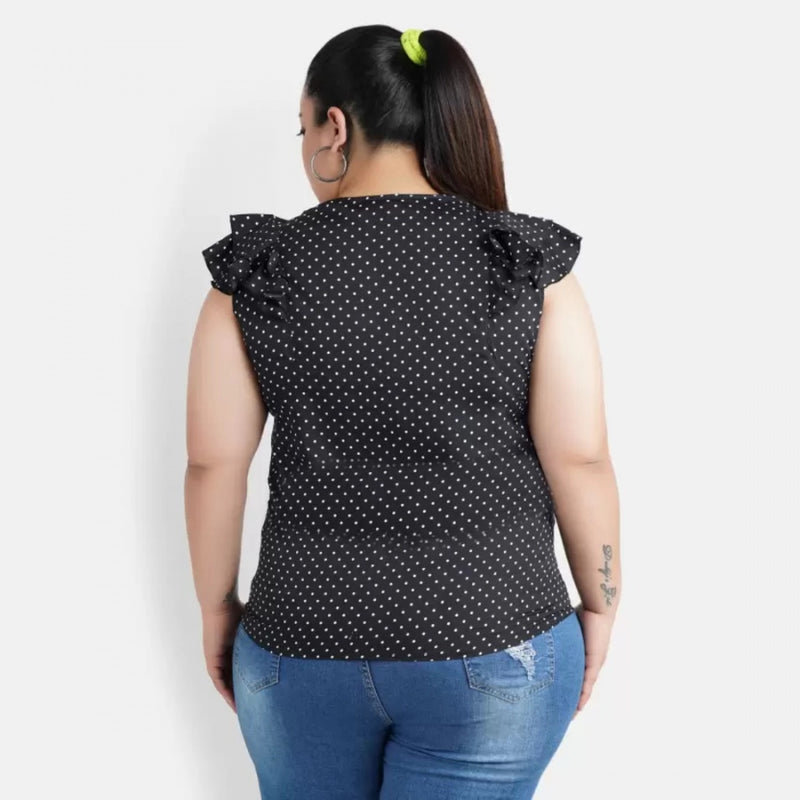 Mayawye Women's Casual Flutter Sleeve Polka Print Black Top (Color:Black, Material:Crepe)