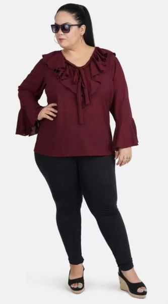 Mayawye Women's Casual Bell Sleeve Solid Maroon Top (Color:Maroon, Material:Georgette)