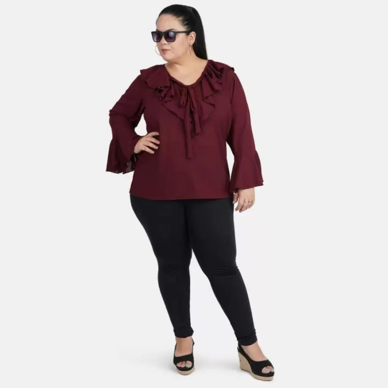 Mayawye Women's Casual Bell Sleeve Solid Maroon Top (Color:Maroon, Material:Georgette)