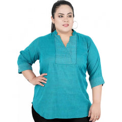 Mayawye Women's Casual Three Fourth Sleeve Embroidered Light Green Top (Color:Light Blue, Material:Cotton Linen Blend)