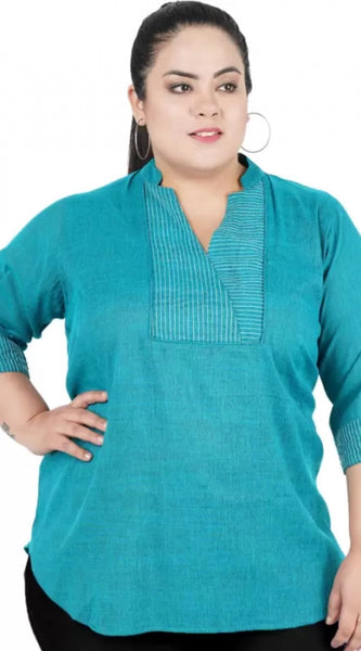 Mayawye Women's Casual Three Fourth Sleeve Embroidered Light Green Top (Color:Light Blue, Material:Cotton Linen Blend)