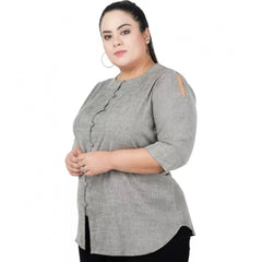 Mayawye Women's Casual Solid Grey Top (Color:Grey, Material:Cotton Linen Blend)