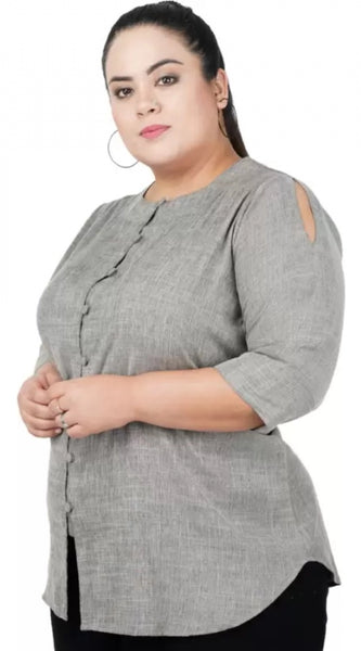 Mayawye Women's Casual Solid Grey Top (Color:Grey, Material:Cotton Linen Blend)
