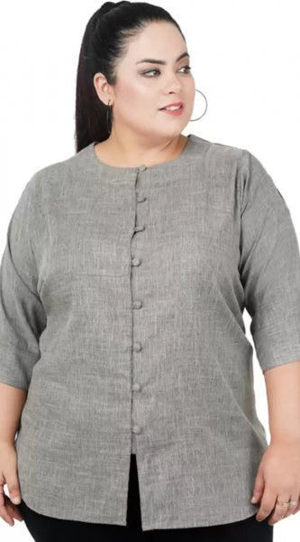 Mayawye Women's Casual Solid Grey Top (Color:Grey, Material:Cotton Linen Blend)
