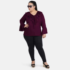 Mayawye Women's Casual Bell Sleeve Solid Purple Top (Color:Purple, Material:Georgette)