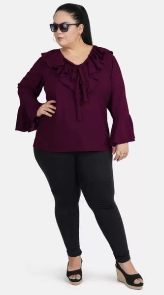 Mayawye Women's Casual Bell Sleeve Solid Purple Top (Color:Purple, Material:Georgette)