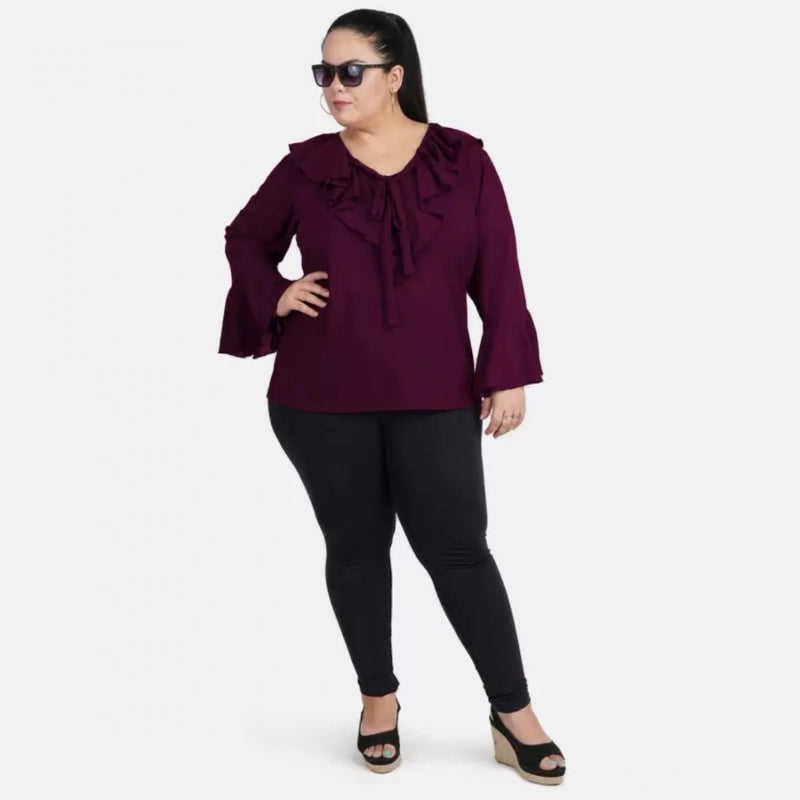 Mayawye Women's Casual Bell Sleeve Solid Purple Top (Color:Purple, Material:Georgette)