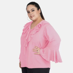 Mayawye Women's Casual Bell Sleeve Solid Pink Top (Color:Pink, Material:Georgette)