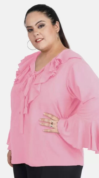 Mayawye Women's Casual Bell Sleeve Solid Pink Top (Color:Pink, Material:Georgette)